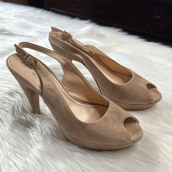 Gastone Lucioli Beige Suede Peep Toe Slingback Heels - Picture 1 of 9